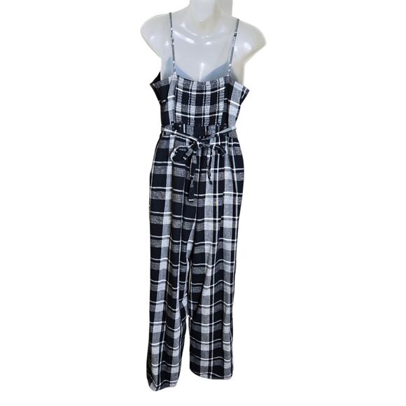 American Eagle Women’s Plaid Jumpsuit Medium Black White Linen‎ Blend One Piece - Picture 6 of 9